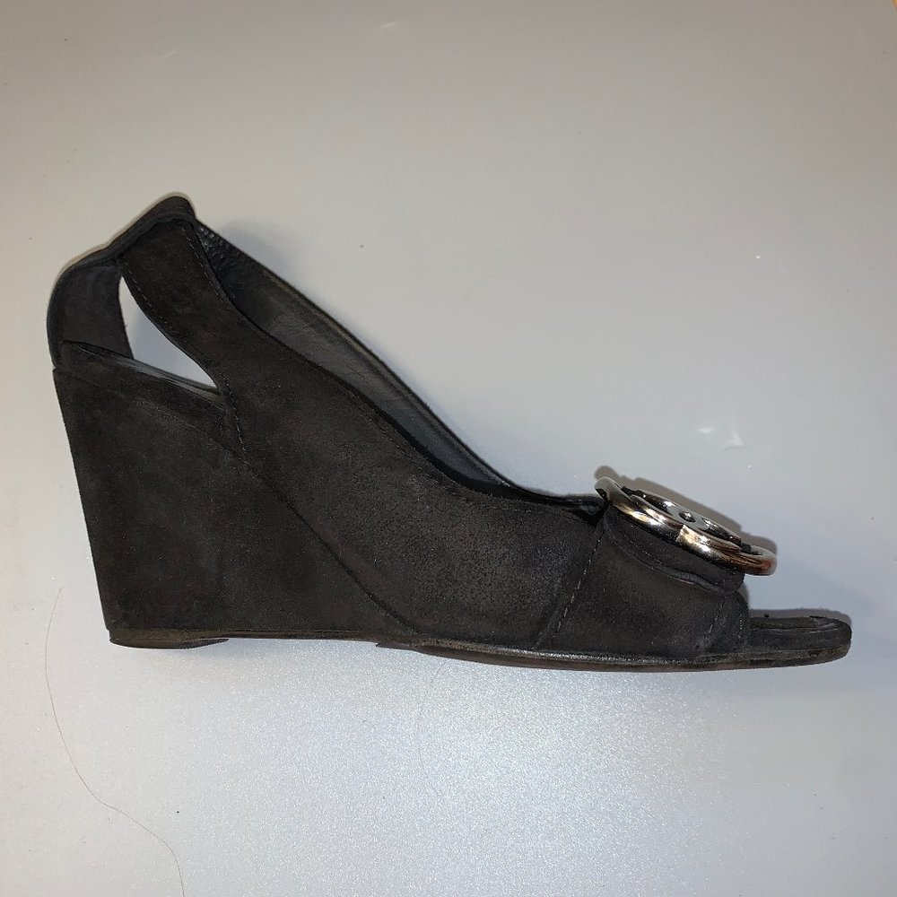 Chanel Black Suede Peep-Toe Wedge Heels - Picture 9 of 13